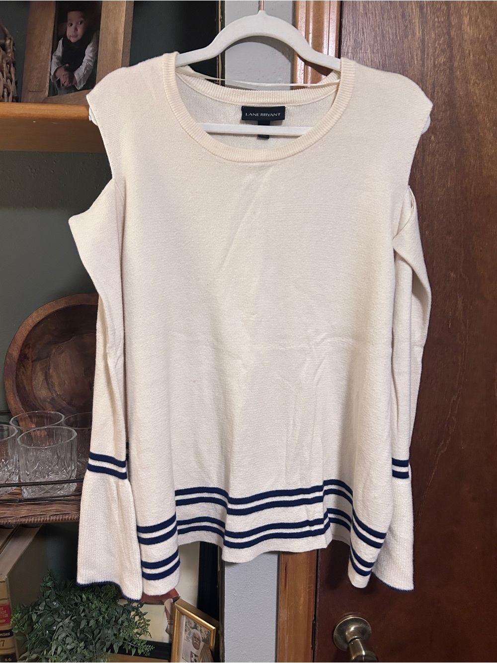 Lane Bryant Cream Cold-Shoulder Sweater with Navy Stripe Trim Peek a Boo Sleeves